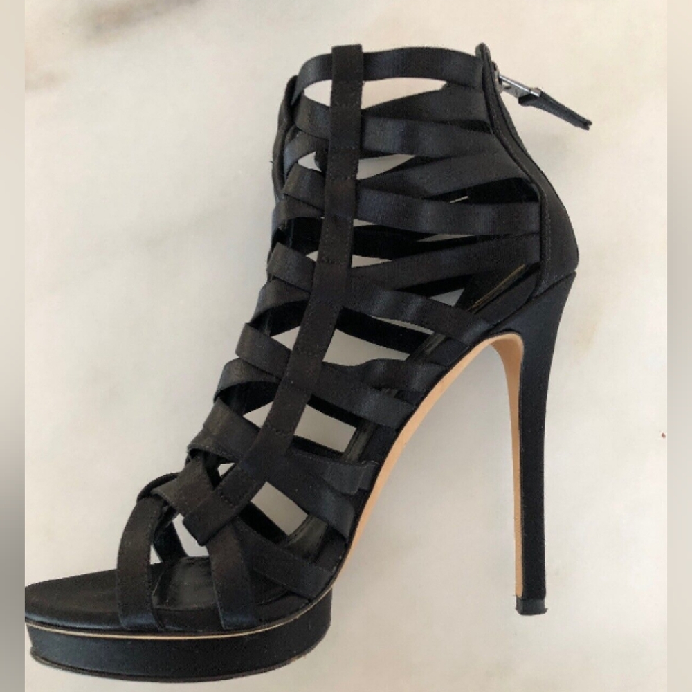 Brian Atwood Clio Black Satin Sky High Cage Gladiator Strappy Heel Sandals 6.5